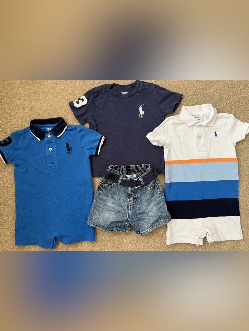 Ralph Lauren Boys’ Rompers, T-Shirt, & Denim Shorts Set- 12 Months